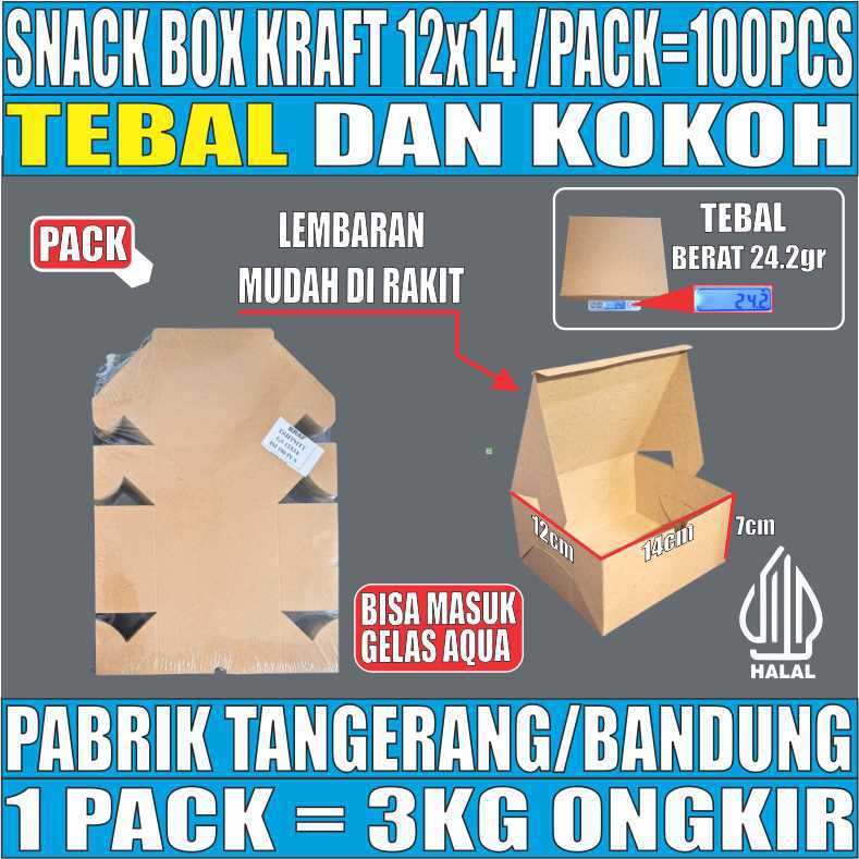 Snack Box Coklat 12x14 Pack 100pcs Kraft 275gsm Tutup sambung
