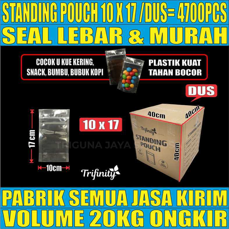 Standing Pouch uk 10x17 Trifinity Plastik Kemasan Berdiri Seal Lebar Bening Dus 20kg 4700pcs sws