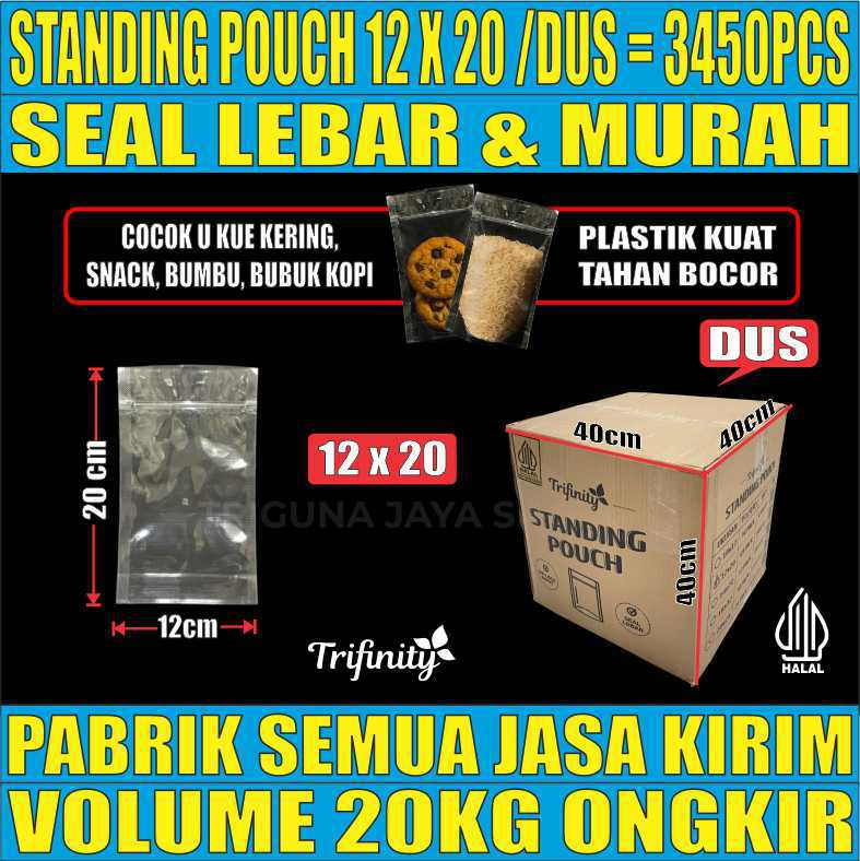 Standing Pouch uk 12x20 Trifinity Plastik Kemasan Berdiri Seal Lebar Bening Dus 20kg 3450pcs sws