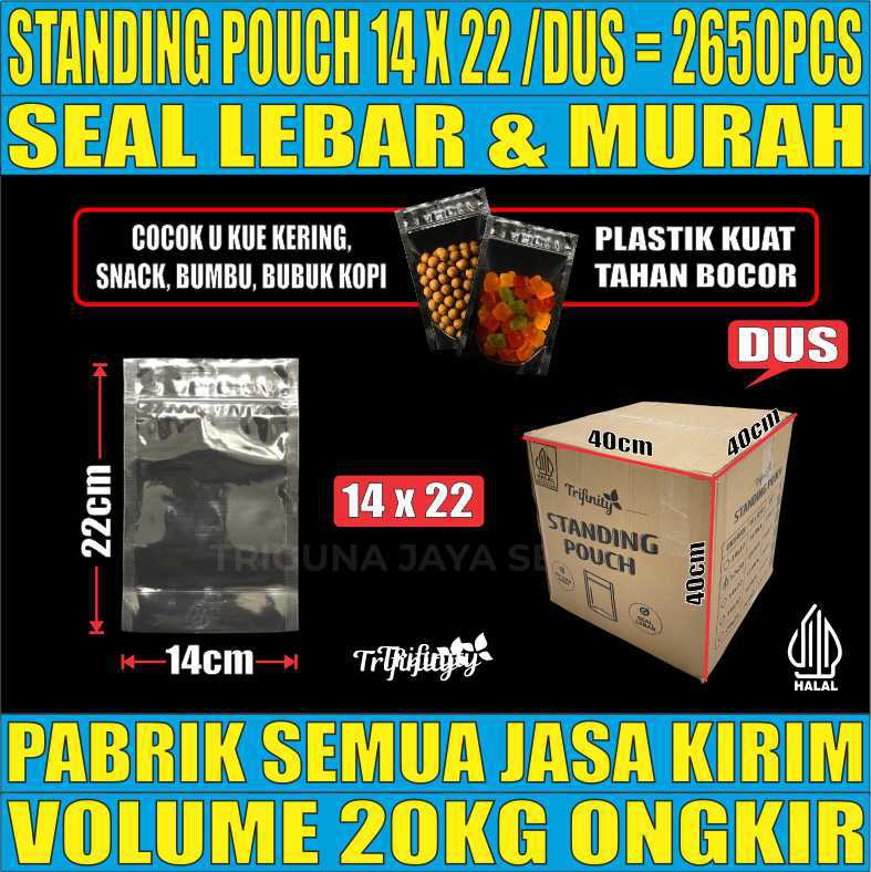 Standing Pouch uk 14x22 Trifinity Plastik Kemasan Berdiri Seal Lebar Bening Dus 20kg 2650pcs sws