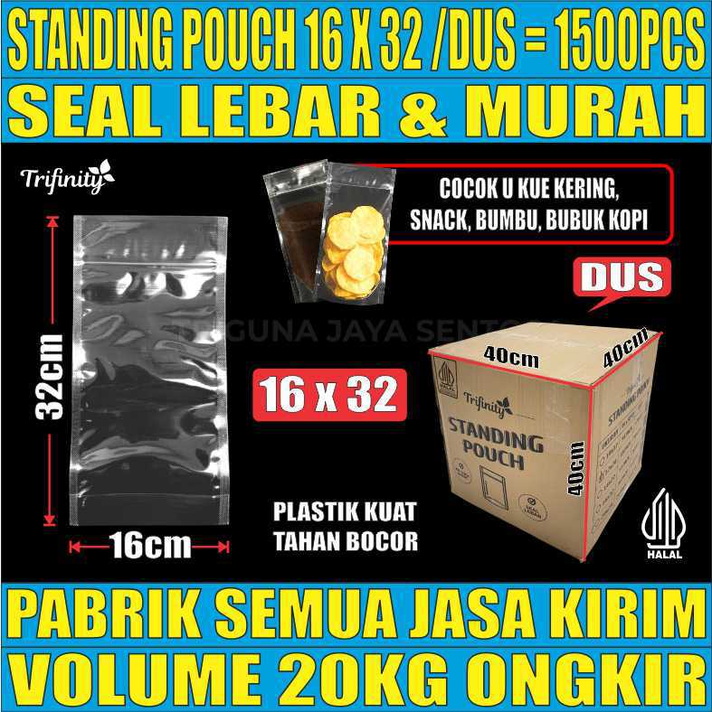 Standing Pouch uk 16x32 Trifinity Plastik Kemasan Berdiri Seal Lebar Bening Dus 20kg 1500pcs sws