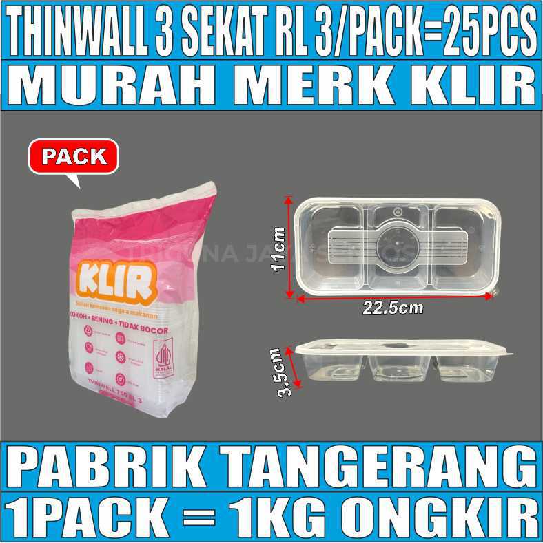 Thinwall 3 sekat Pack Klir 25pcs Rectangle Long RL3