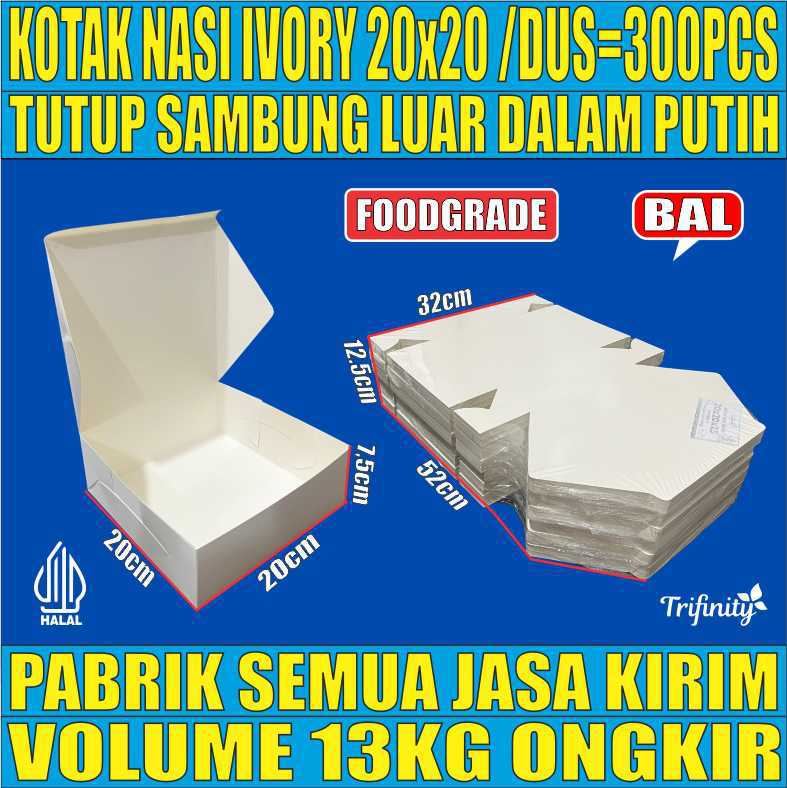 Kotak Nasi Ivory Putih 20x20 BALL 300pcs 43gr Box U Mika 5Sekat tms