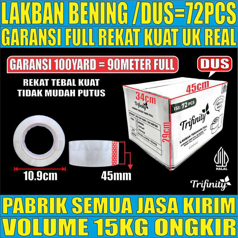 Lakban Bening Dus 72roll 50mic 45x100yard Garansi Full Trifinity Tebal 205gr