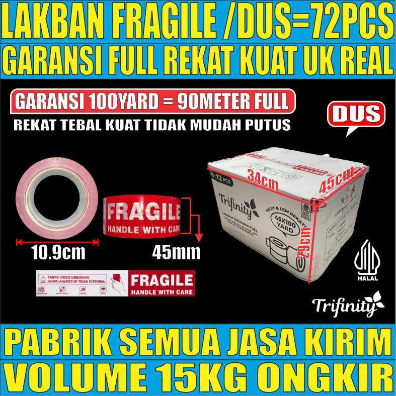 Lakban Fragile Dus 72roll 50mic 45x100yard TRIFINITY Garansi Full Tebal 205gr