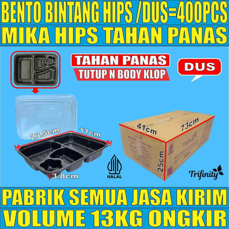 Mika Bento HIPS Dus 400pcs Bintang Trifinity Tahan Panas 4 sekat Tebal 24gr pdn